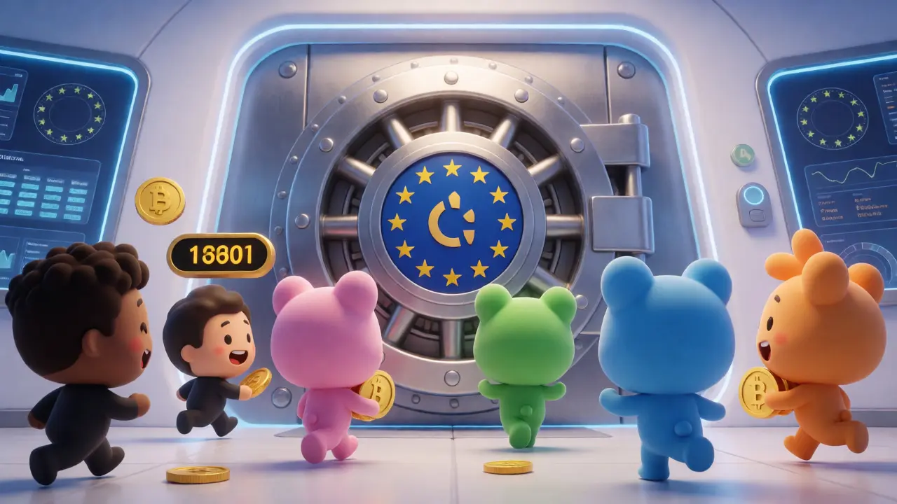 Crypto mascots rushing toward a vault as a countdown timer ticks down.