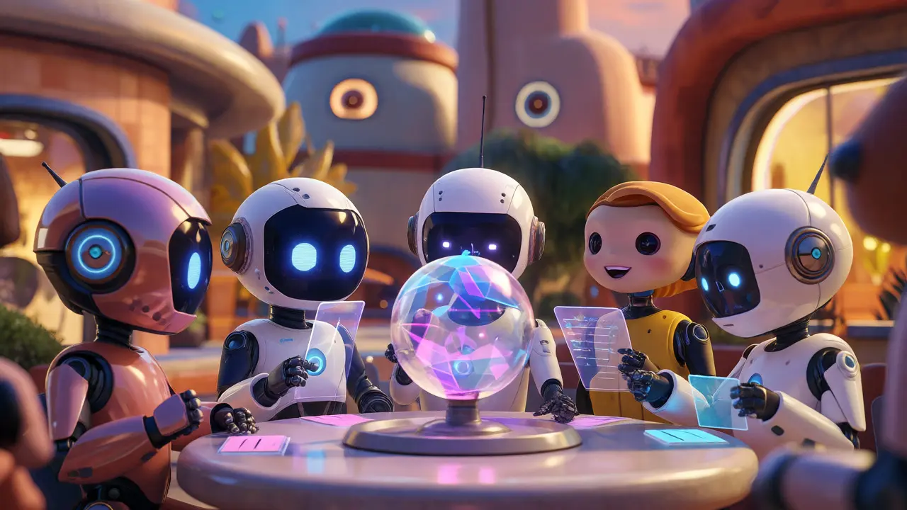 Cute robot avatars voting around a glowing orb for community governance