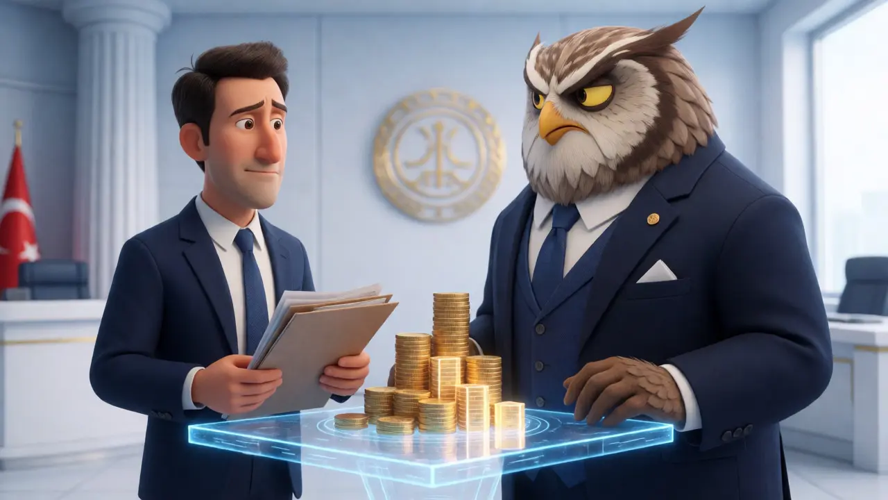 Entrepreneur presenting capital requirements to a strict regulator in a high-tech office.