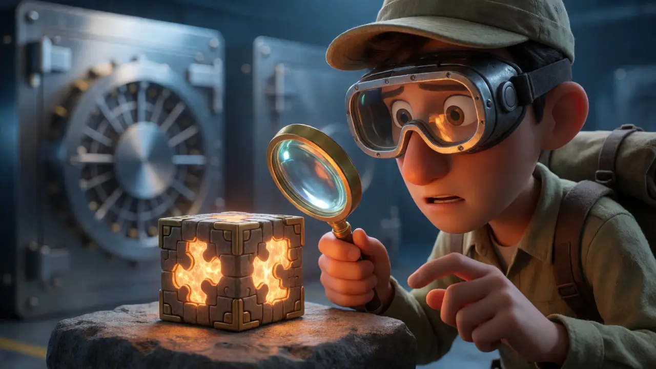 Explorer examining risky puzzle box
