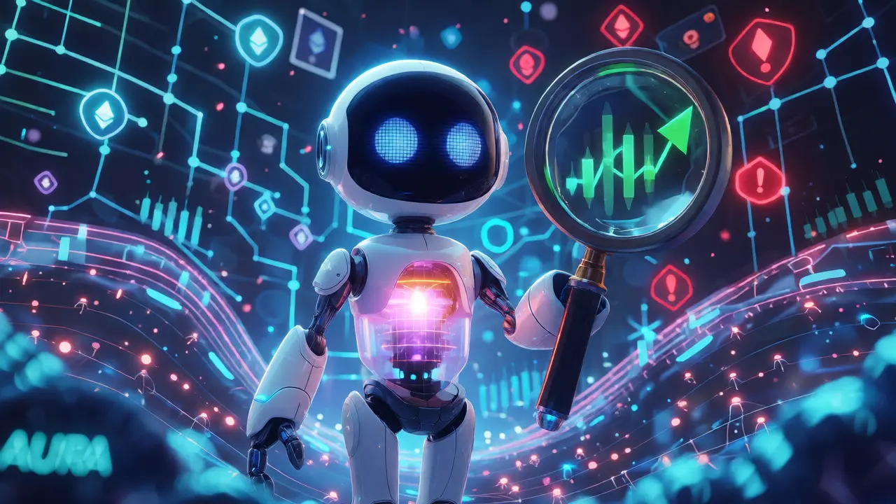 Friendly AI robot analyzing financial data streams and security risks in a digital space