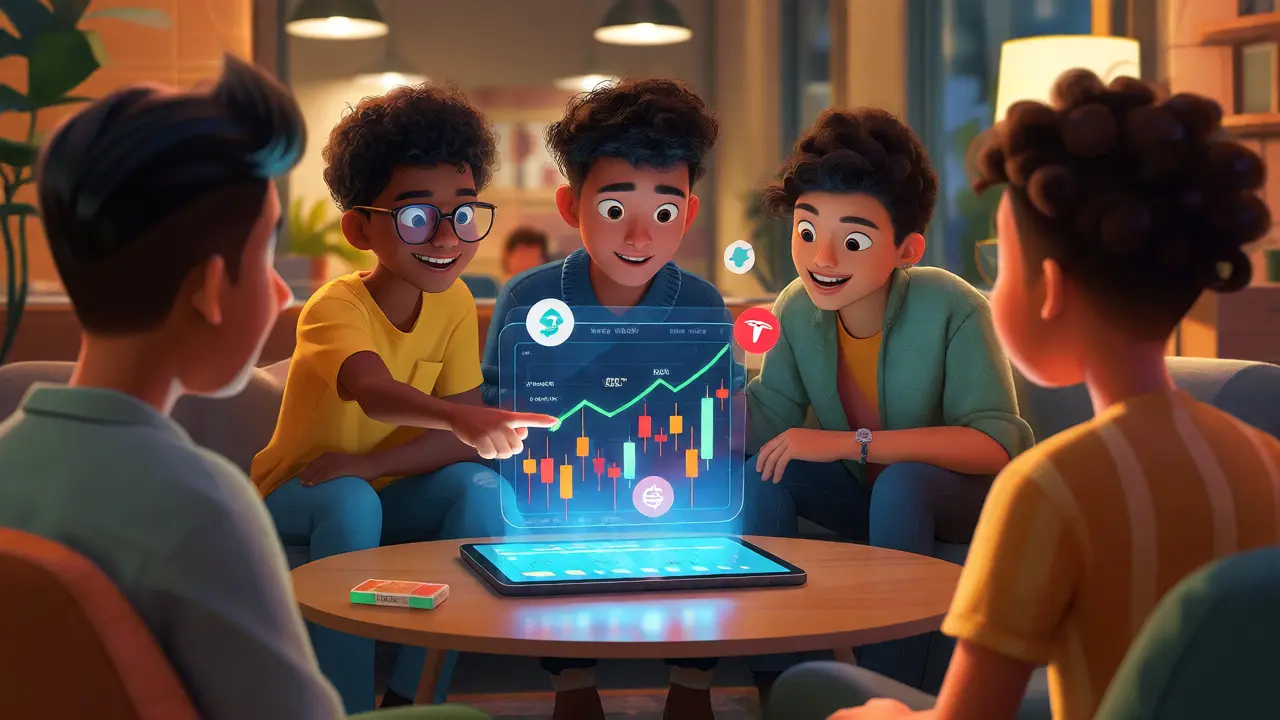 Friends analyzing holographic stock and crypto charts on a tablet
