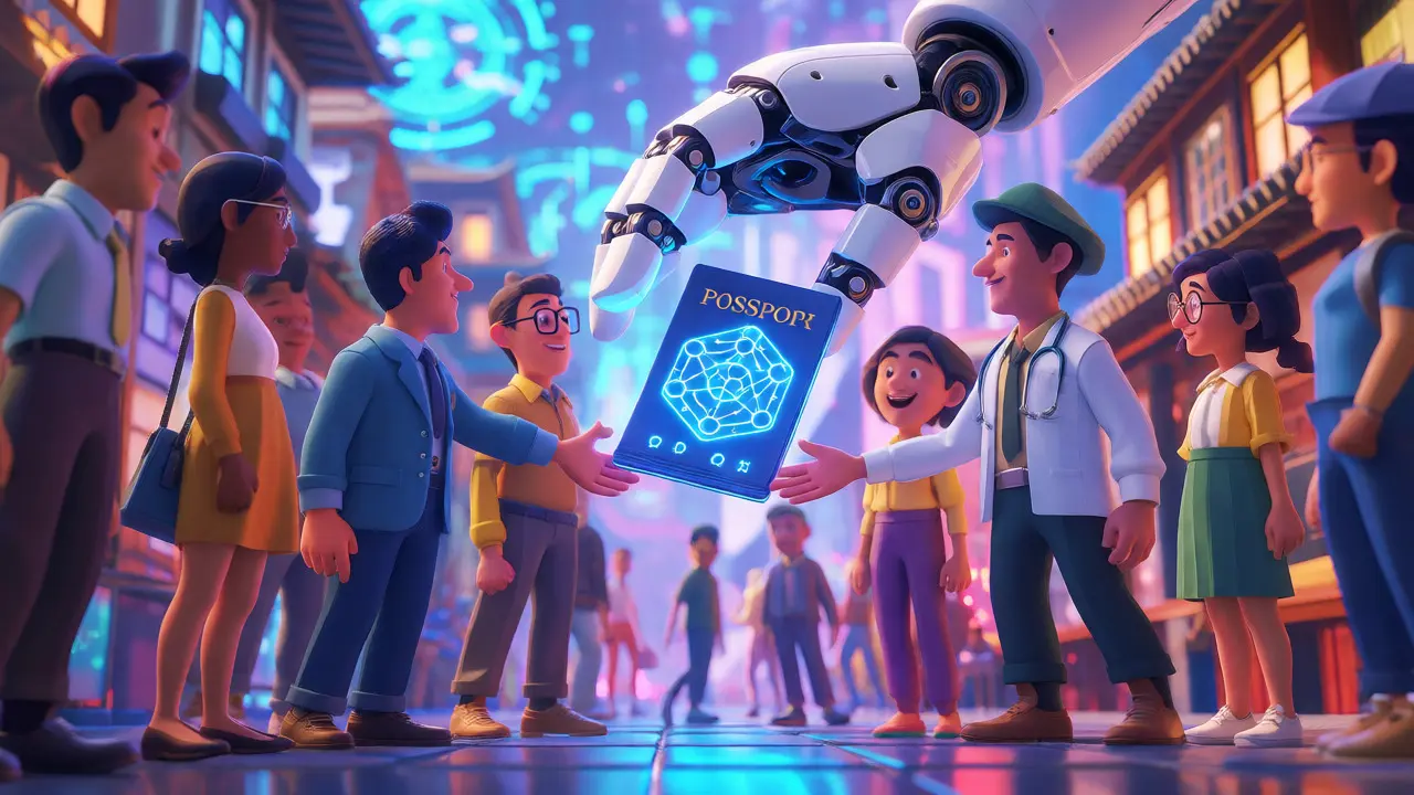 Group sharing a glowing digital passport across platforms