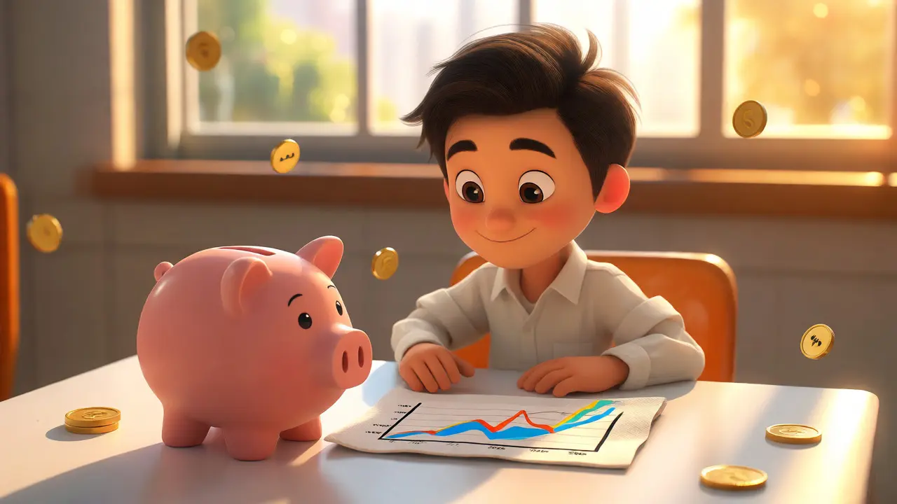 Happy investor with a coin-shaped piggy bank and a growth chart