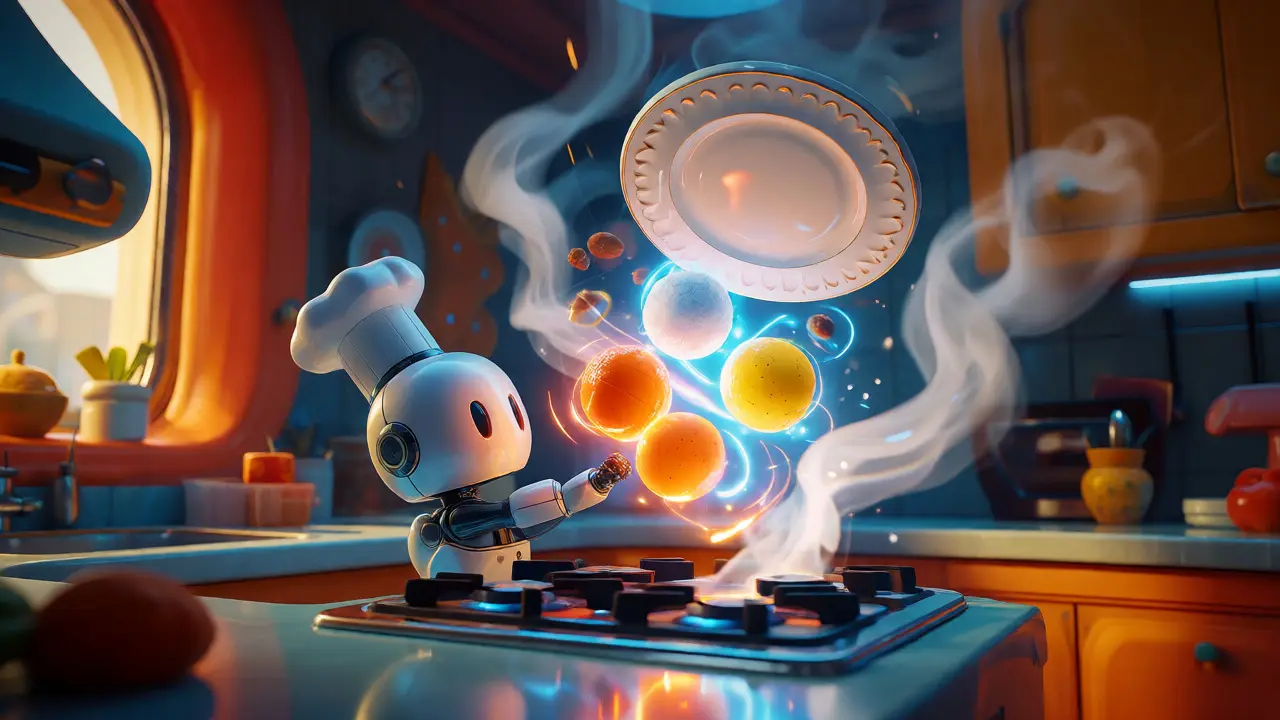 Robot chef mixing glowing ingredients into a dish NFT