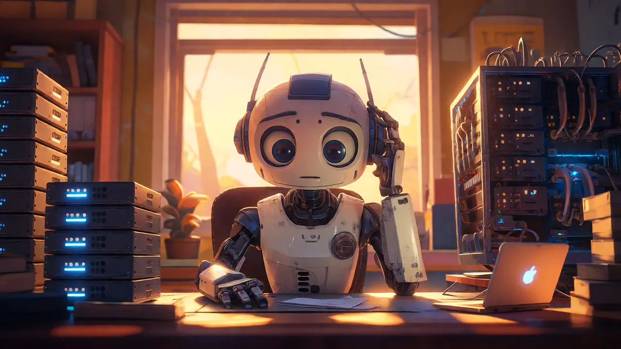 Robot in a home office comparing a small laptop to a massive server stack.