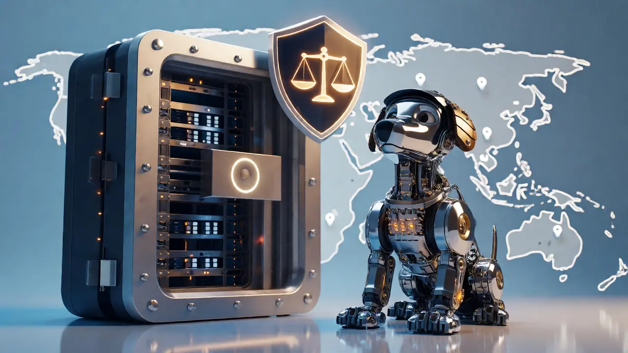Robotic guard protecting a hybrid bank-digital vault under a justice shield