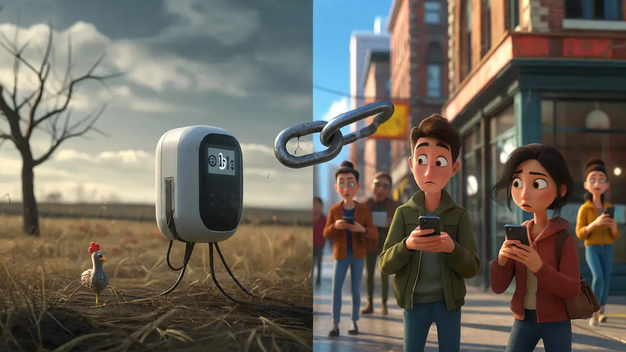 Split view of an isolated rural hotspot and confused city users highlighting the adoption gap.