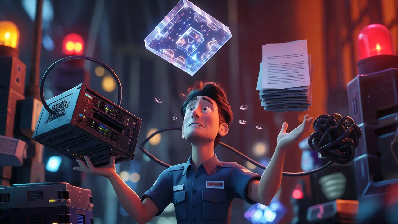Stressed operator juggling servers, legal papers, and cables under a looming blockchain block.