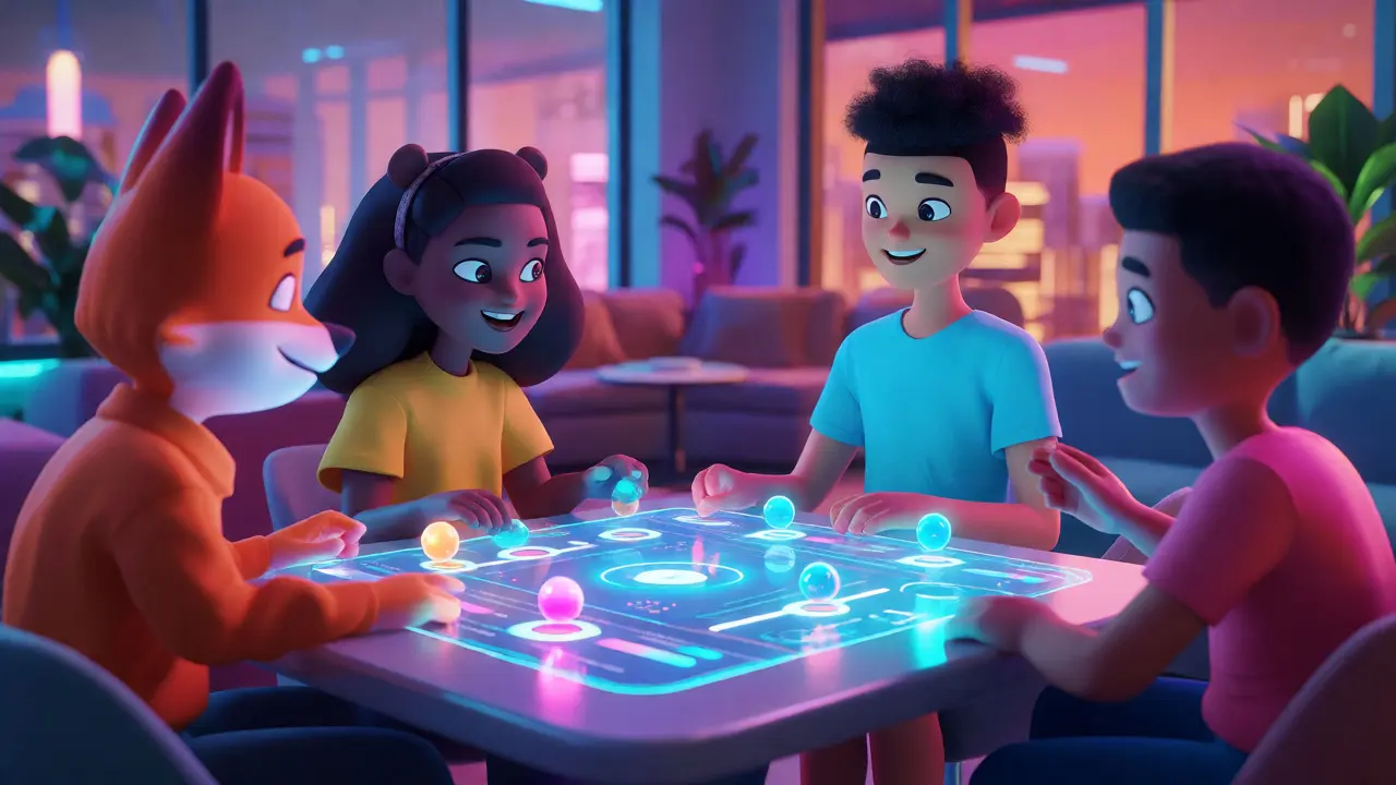 Stylized avatars gather around a holographic table engaging in yield farming activities.