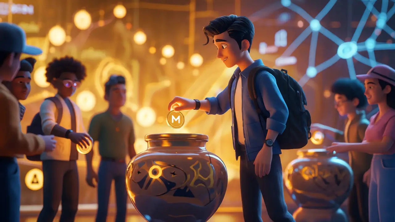 Stylized characters voting with tokens in a digital exchange