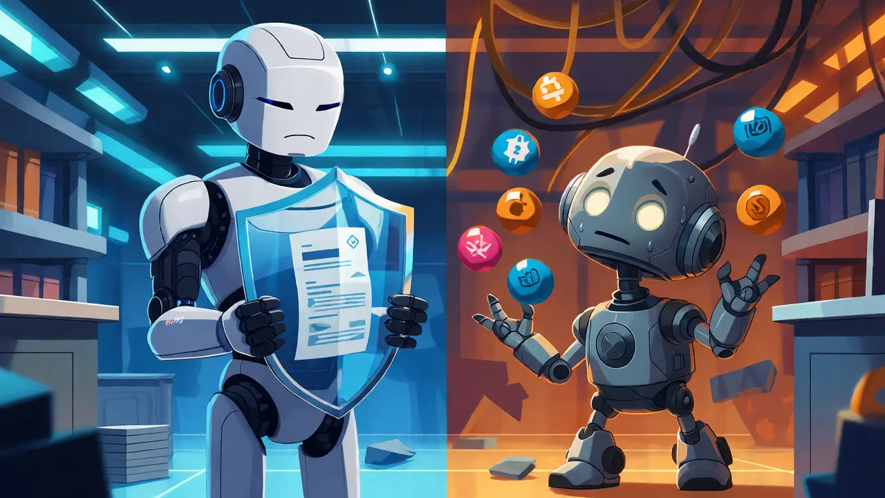 Two robots contrasting stability and chaos in a crypto trading environment, Pixar style.