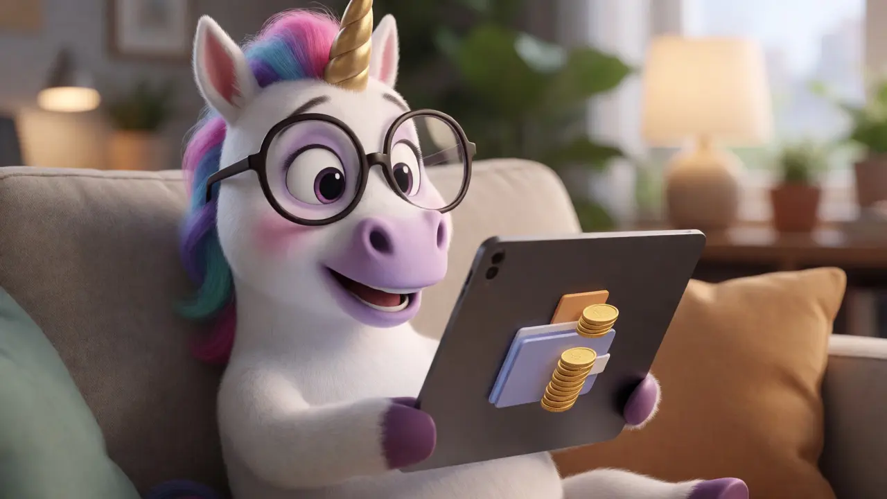 Unicorn with glasses happily checking a digital wallet on a tablet.