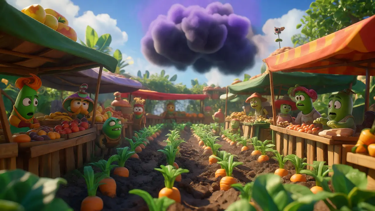 Vegetable characters trading in a market under a pest cloud