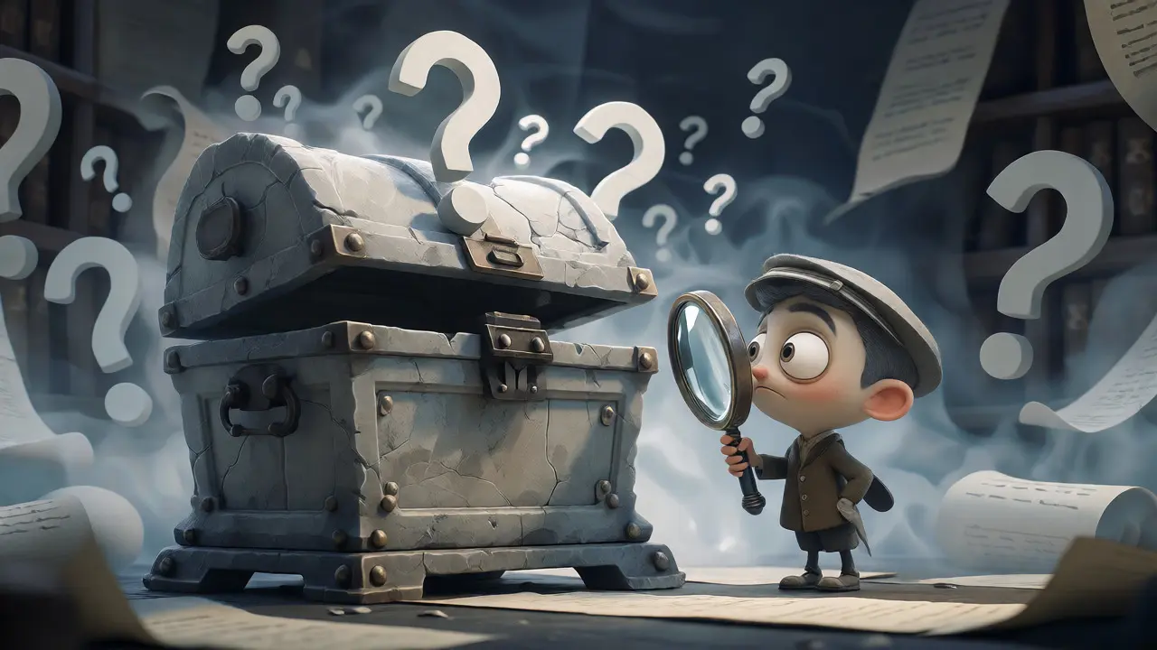 A cartoon character examining an unstable treasure chest amidst foggy question marks.