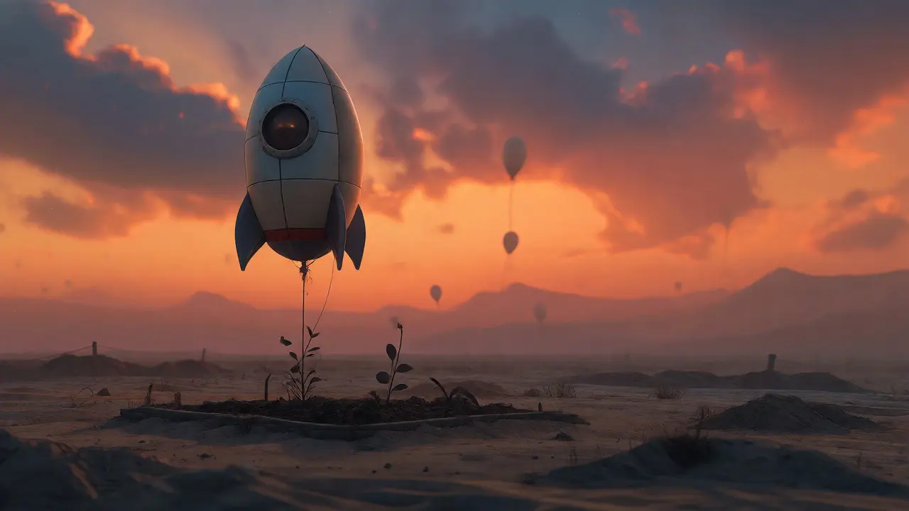 A deflated rocket-shaped balloon sitting alone in a desolate field at sunset.