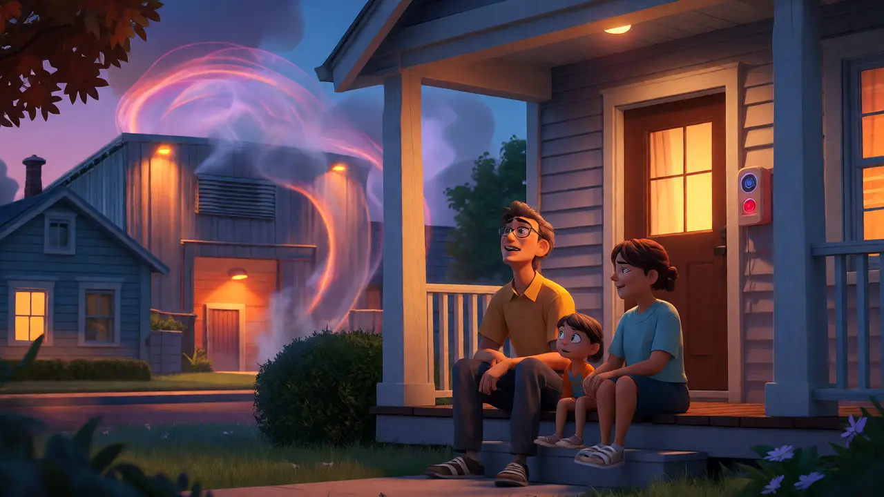 A family on a porch observing a noisy, steaming crypto mining facility nearby