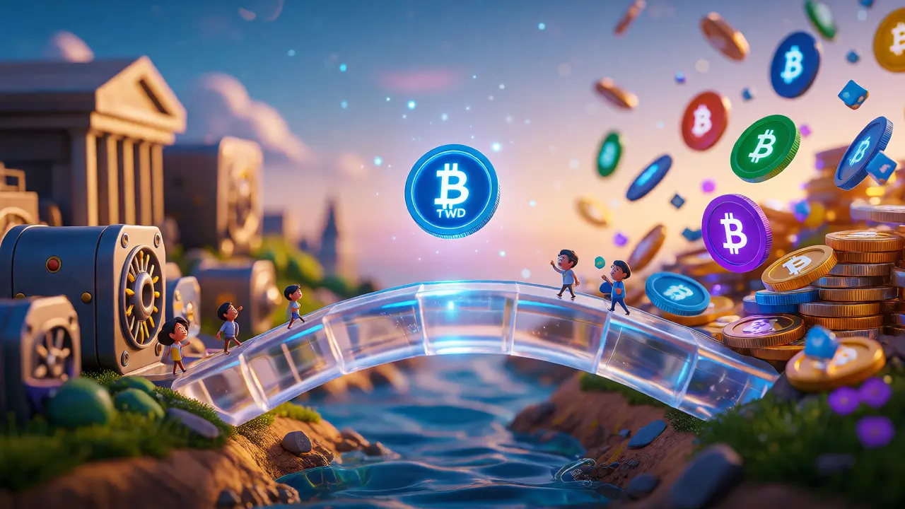 A glowing stablecoin bridges the gap between traditional banking and cryptocurrency in a conceptual illustration.