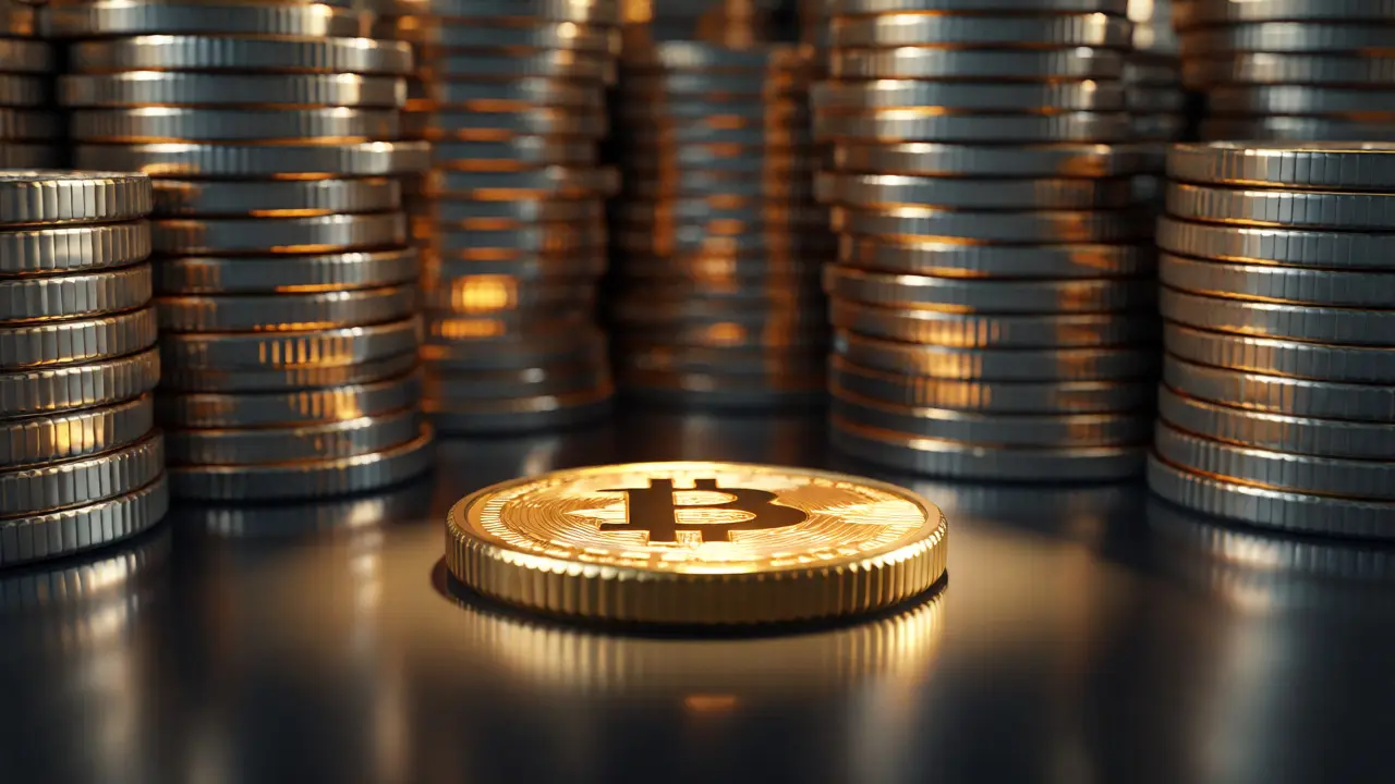 A large golden coin dwarfed by towering stacks of identical tokens on a dark surface.