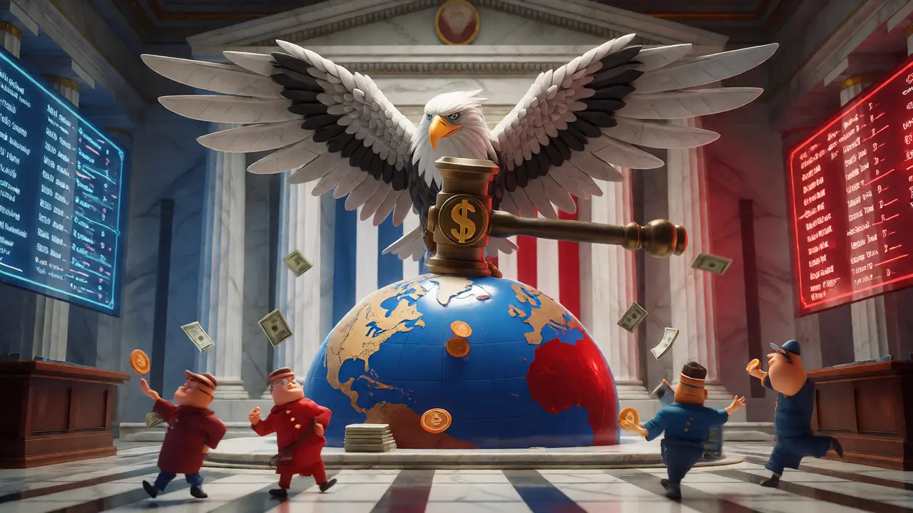 A symbolic eagle wielding a gavel over fleeing cartoon criminals.