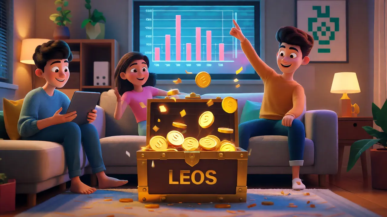 A treasure chest overflowing with gold coins in a living room, with characters celebrating their crypto rewards.