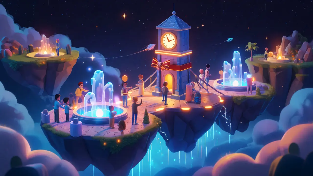A whimsical light bridge connecting floating islands with avatars swapping tokens under a starry sky.