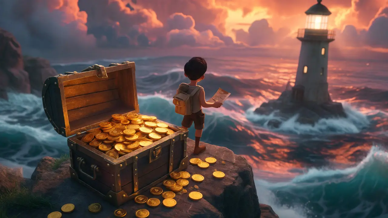 Adventurer guarding treasure against stormy market seas
