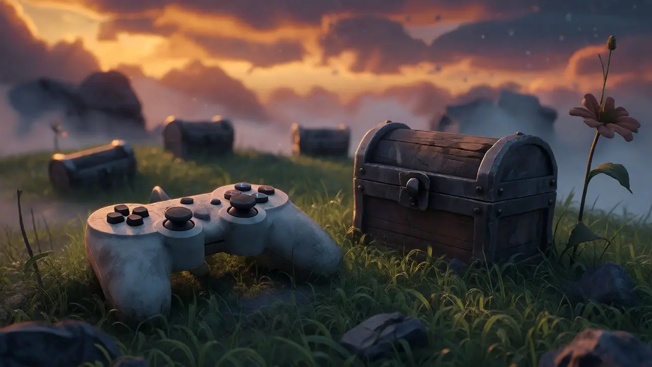 An abandoned game controller and a faded chest on a hill at twilight.