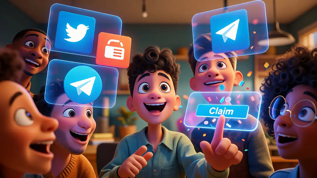 Animated characters completing digital tasks and claiming rewards