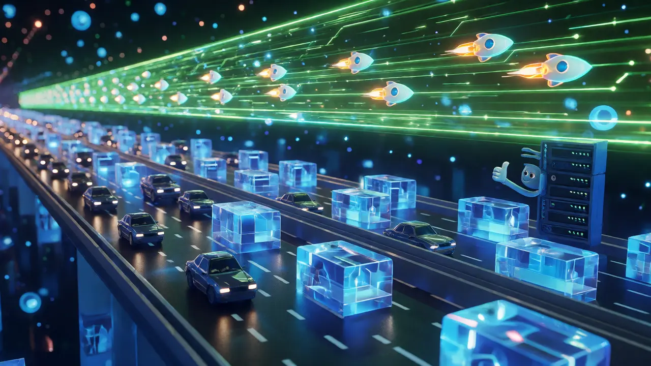 Animated view of fast Layer 2 lanes above congested Layer 1 highways