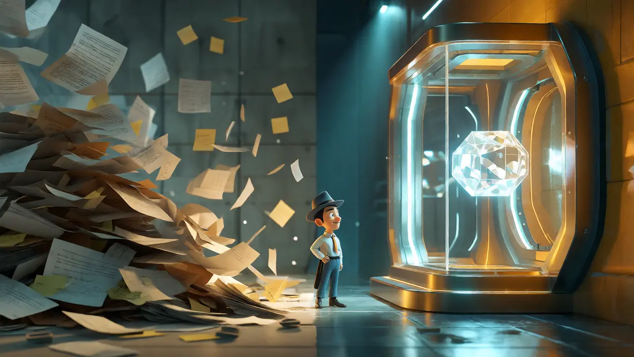 Cartoon auditor comparing chaotic paper records to a secure blockchain vault.