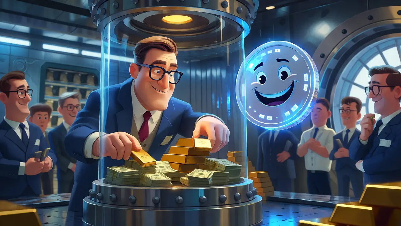 Cartoon banker places cash and gold into a secure vault next to a smiling digital coin.