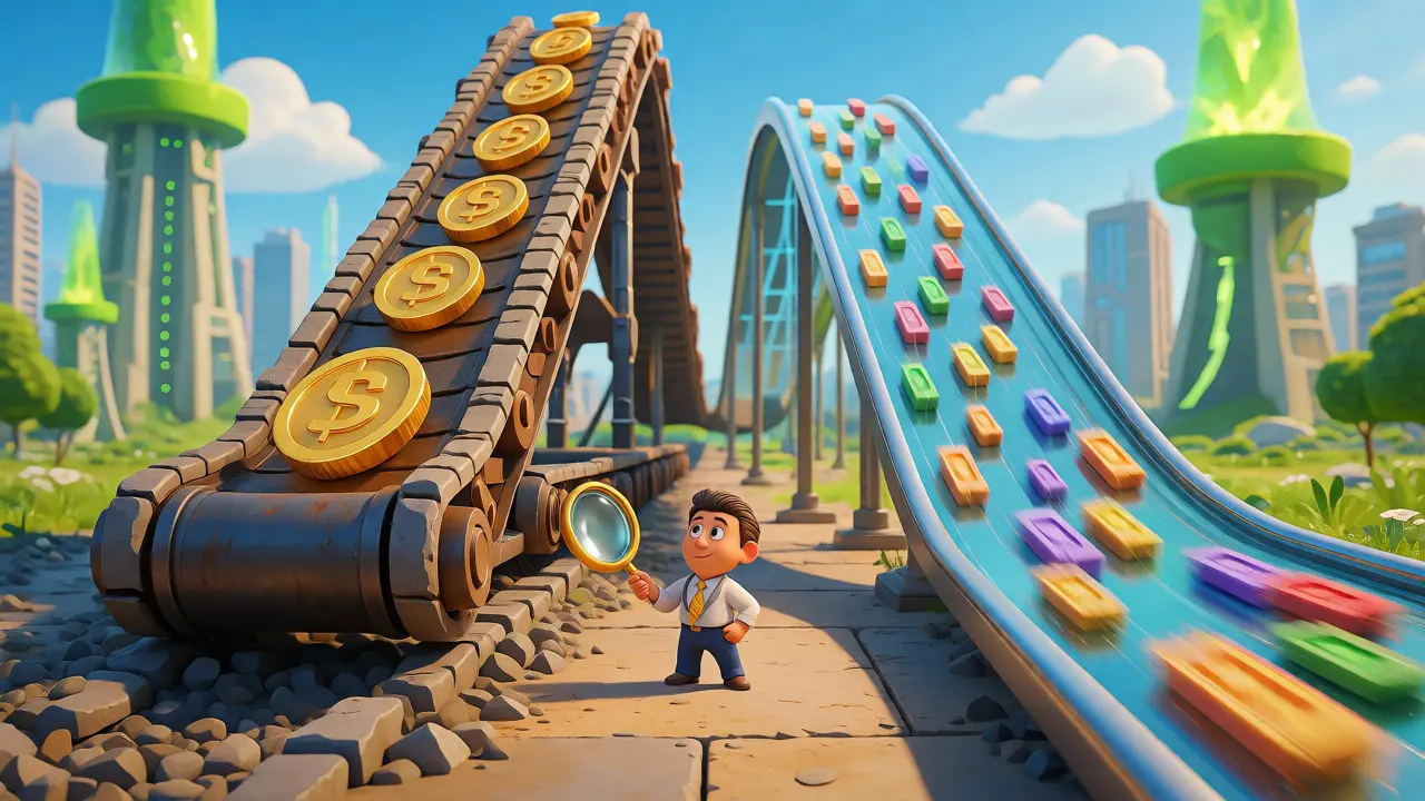 Cartoon investor choosing between slow secure path and fast efficient path