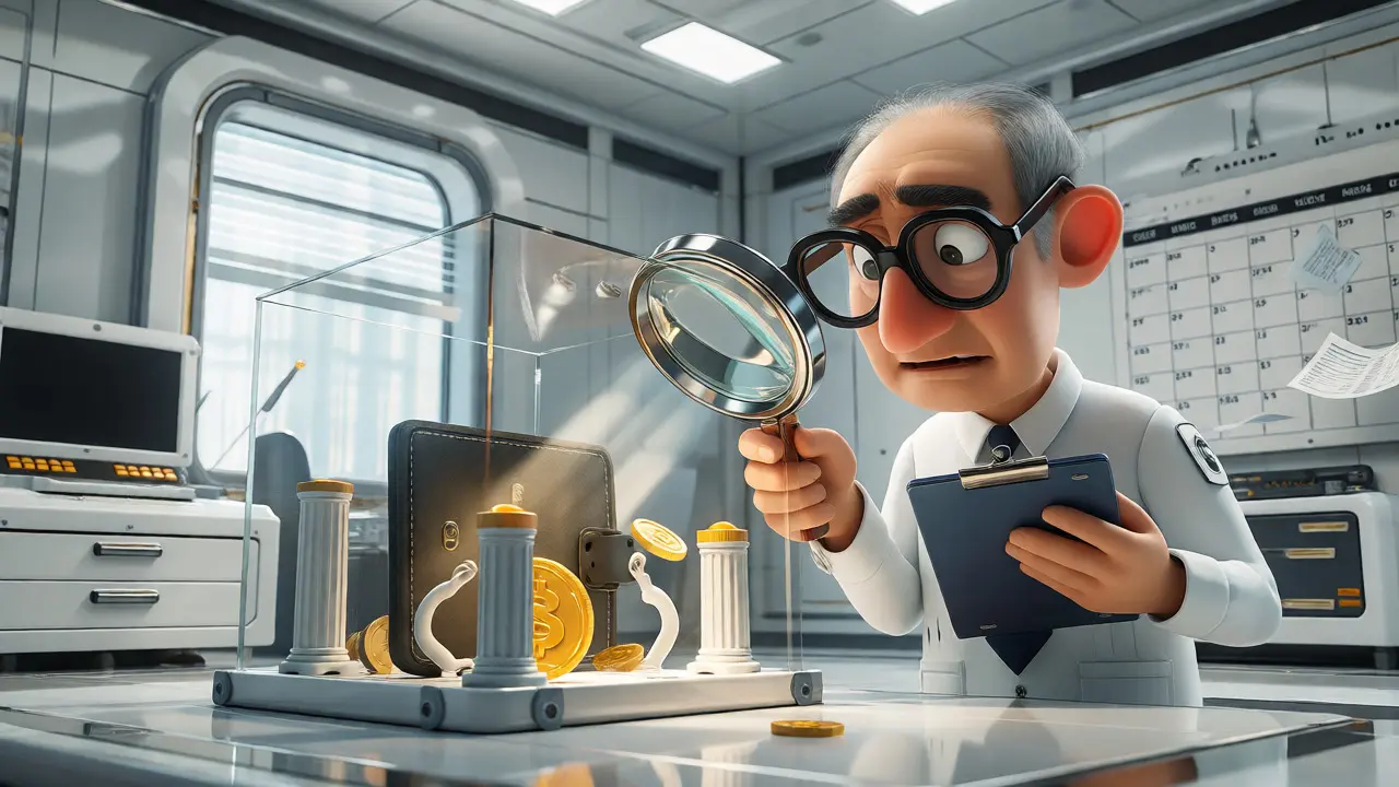 Cartoon official auditing hidden crypto assets with magnifying glass