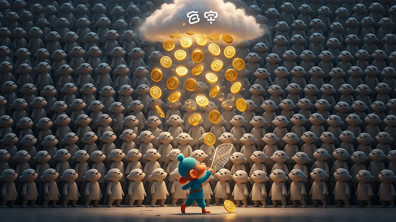 Character catching falling tokens from a crowd of competitors