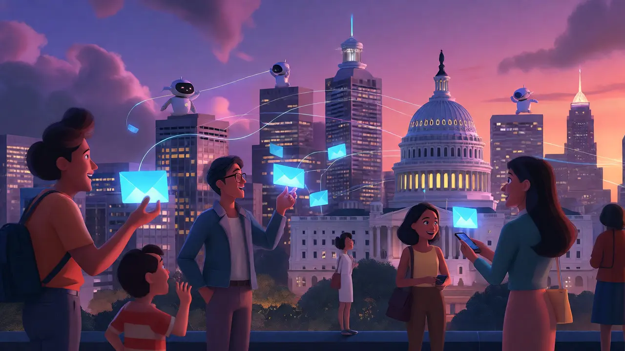 Citizens send glowing digital money across a US city skyline under a twilight sky.