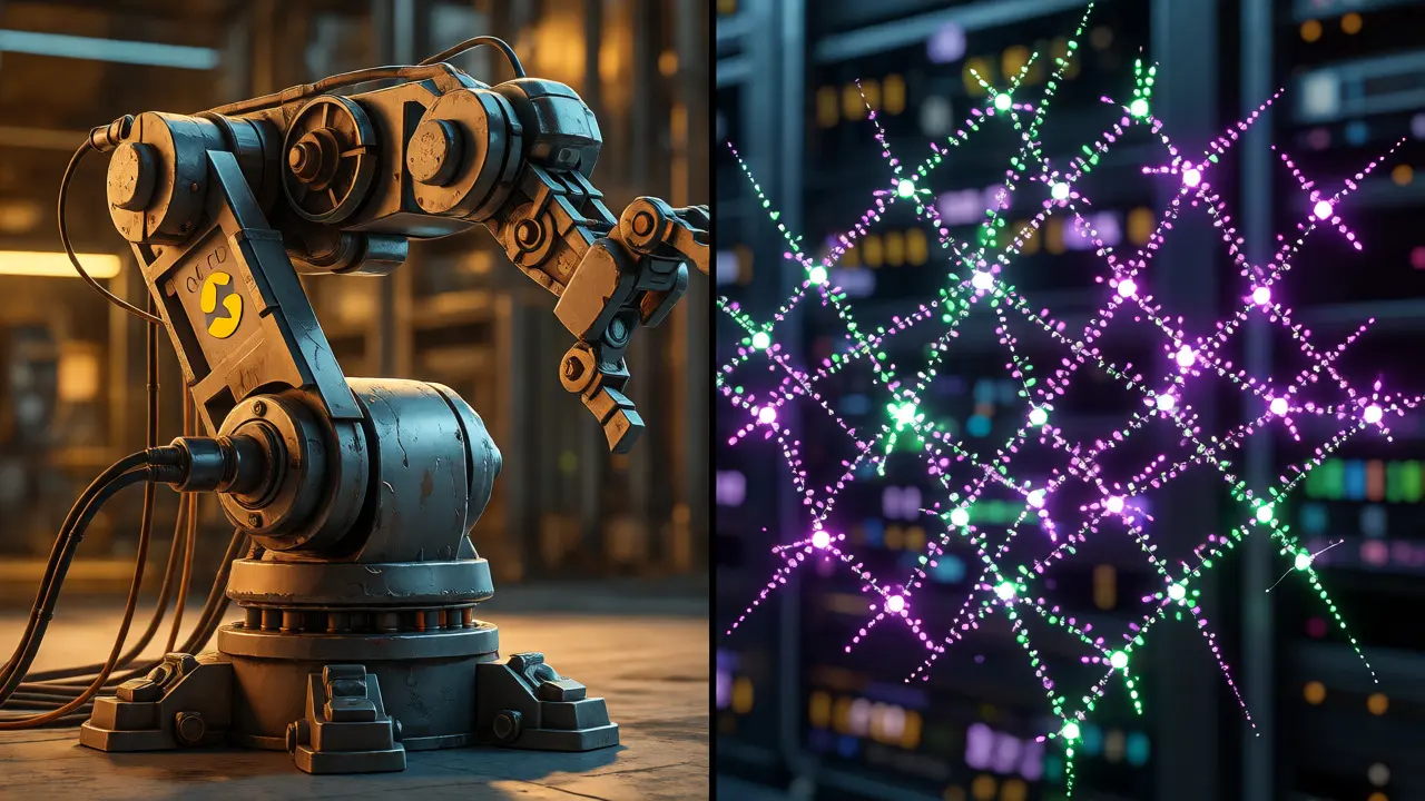 Comparison of bulky QKD hardware robots versus agile PQC software sprites.