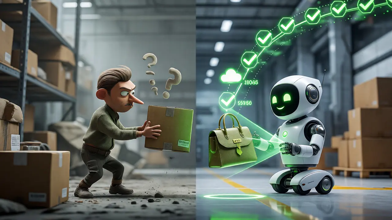 Contrast between chaotic warehouse and verified blockchain supply chain