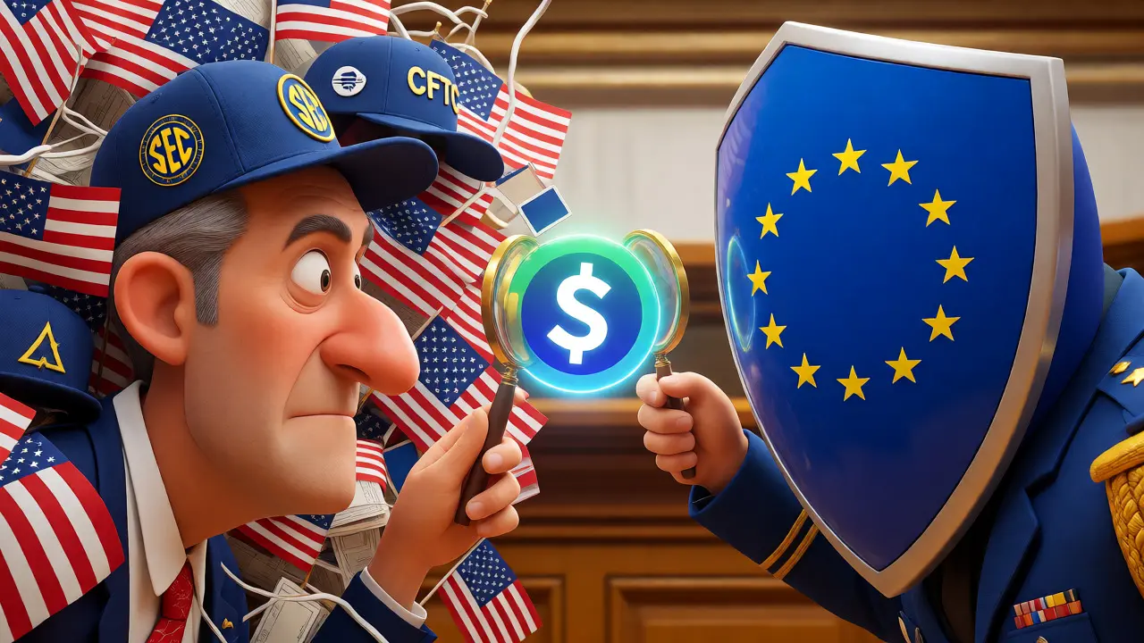 Contrasting US fragmented regulations against EU unified MiCAR framework in a cartoon scene.