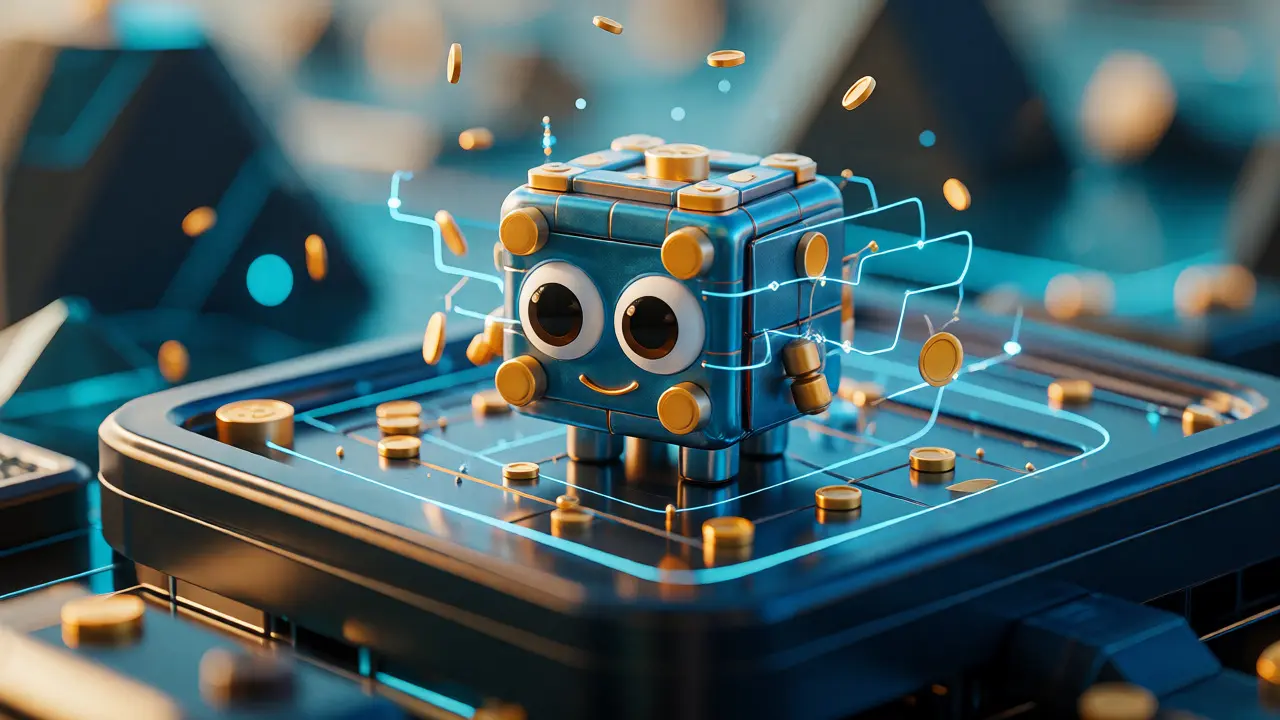 Cute cubic NFT character mining digital coins on a platform