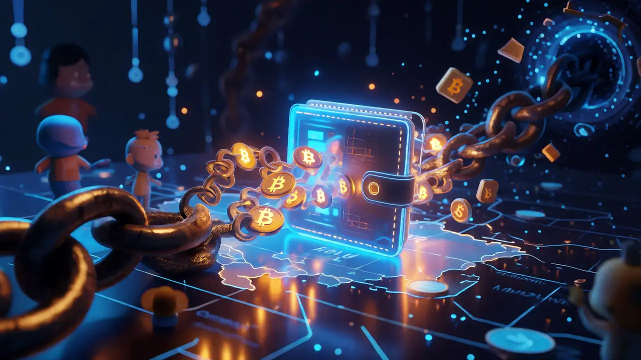 Digital coins transforming into chains linking scam hubs visually.
