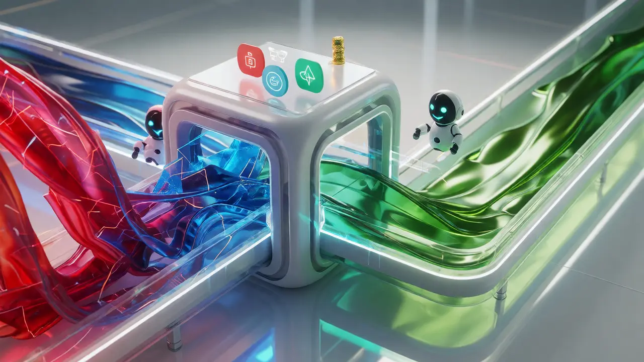 Digital pipeline transforming chaotic crypto streams into stable green USDT flow.