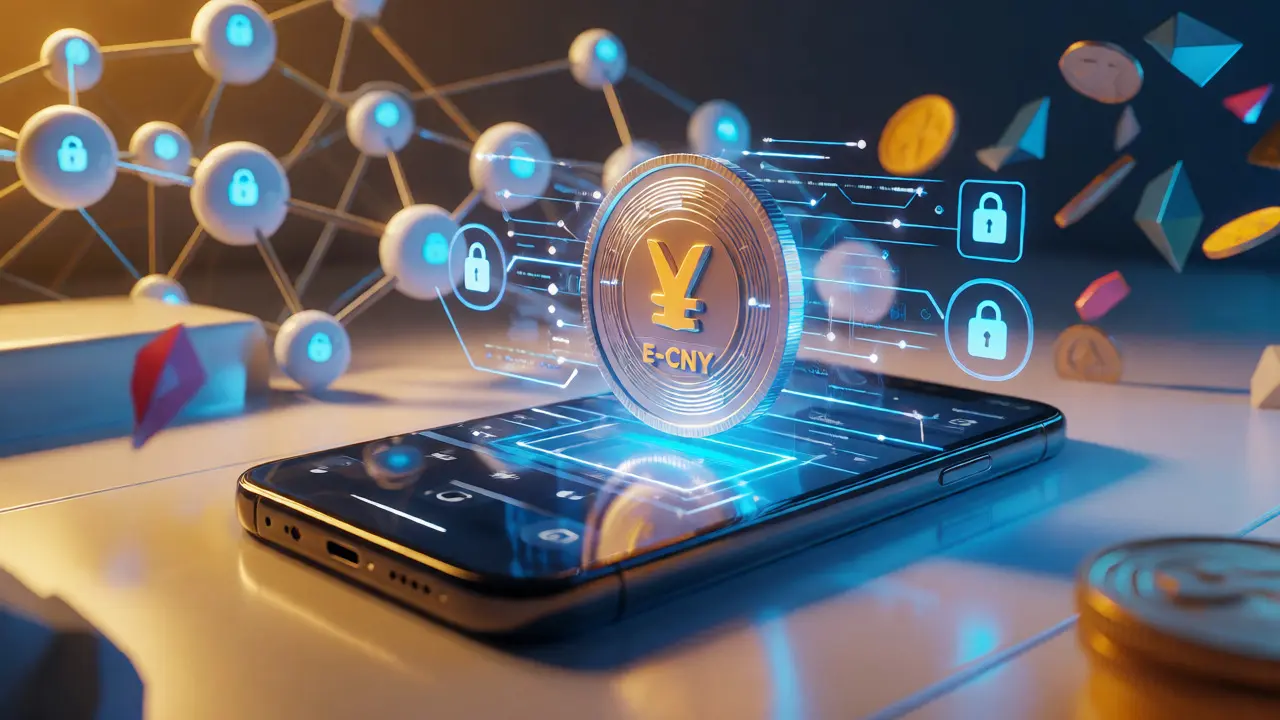 Digital Yuan coin displayed on phone with secure tech background