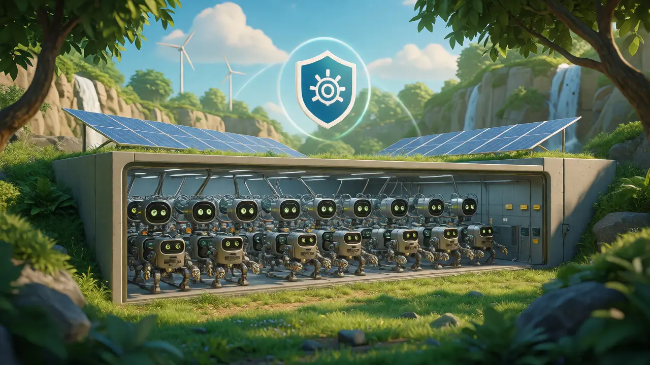 Eco-friendly mining facility with robots and solar panels in a green valley