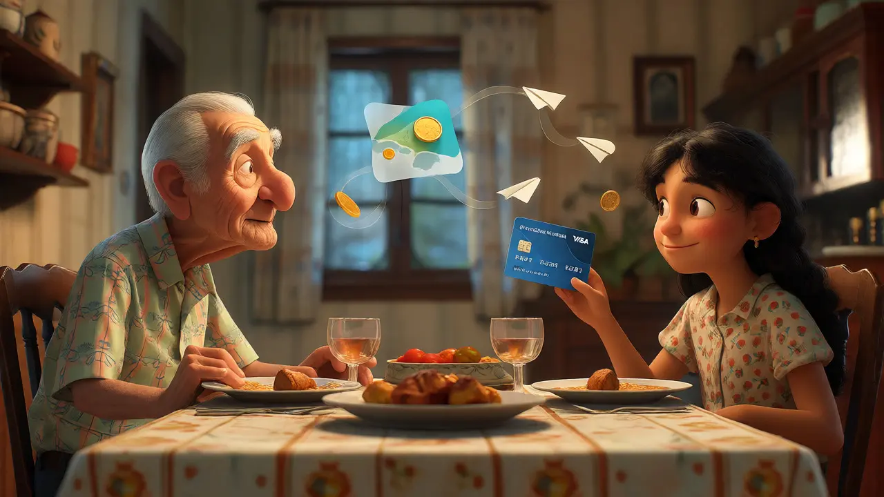 Family discussing crypto debit card over dinner