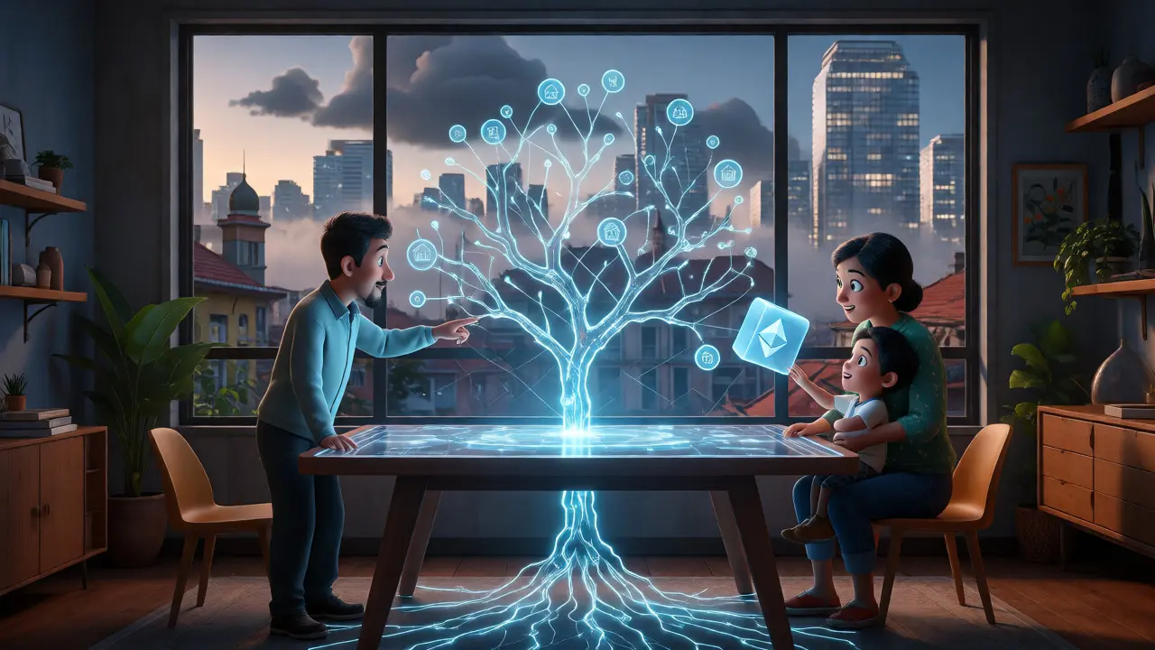Family exploring a holographic blockchain tree in a modern home, symbolizing hope.