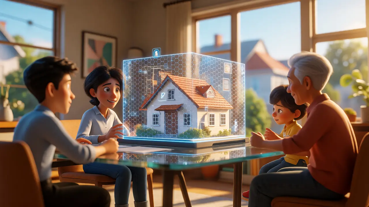 Family viewing a secure holographic house model with a protective shield