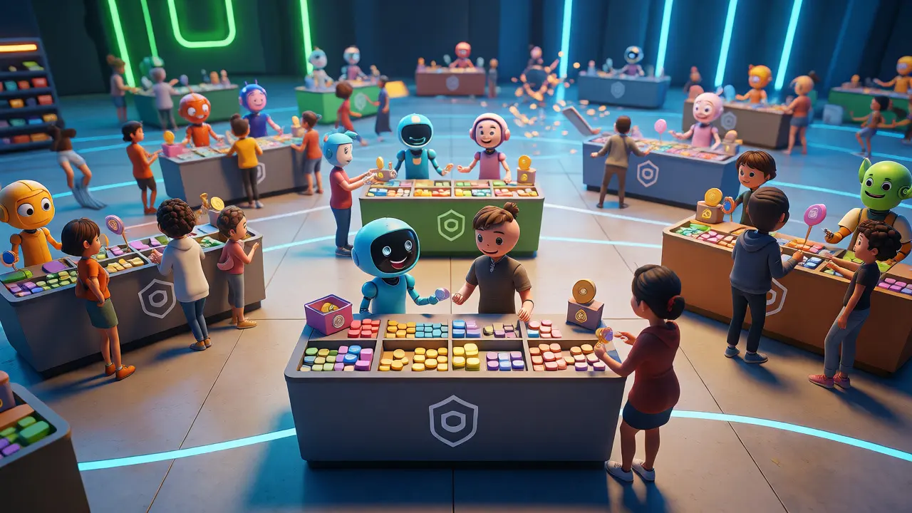 Friendly mascots at organized kiosks represent compliant crypto exchanges replacing chaotic unregulated stalls.