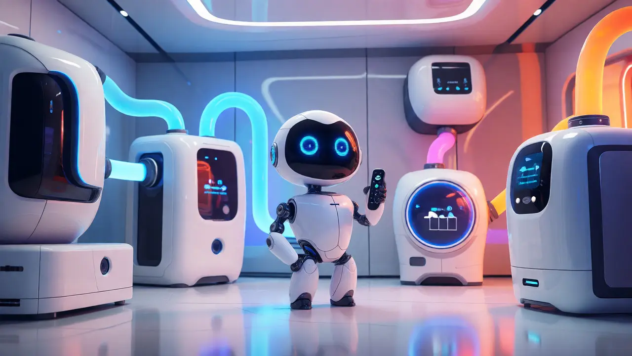 Friendly robot orchestrating connected modular blockchain layers in a clean, futuristic smart home setting.