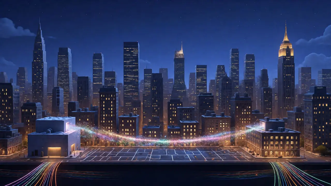 Glowing quantum links connecting secure financial buildings in a stylized city at night.